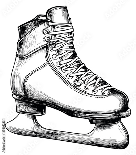 Hand drawn line art illustration of an ice skate depicting winter sport equipment for recreation
