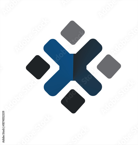Geometric logo featuring a central "X" shape surrounded by four diamond elements in blue and grey, representing collaboration, security, and networking.