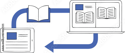 Modern illustration of digital education workflow with devices and books with elearning and online course and technology