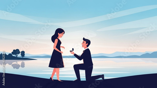 Man Proposing to Woman by the Lake during Sunset