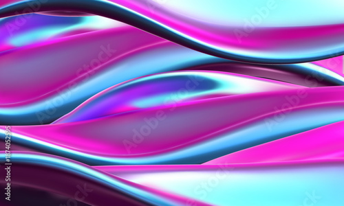 An abstract futuristic background with iridescent glossy waves of metallic liquid in pink and blue.