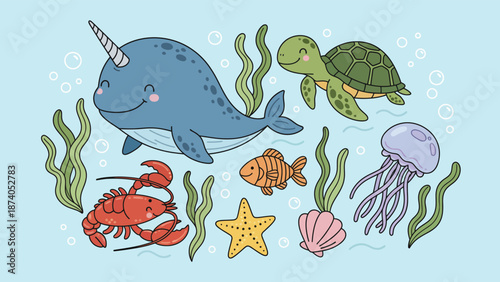 hand drawn set of sea animals vector illustration