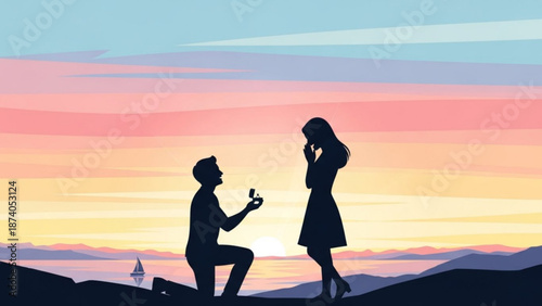 Man Proposing to Woman on Hilltop during Sunset Silhouette