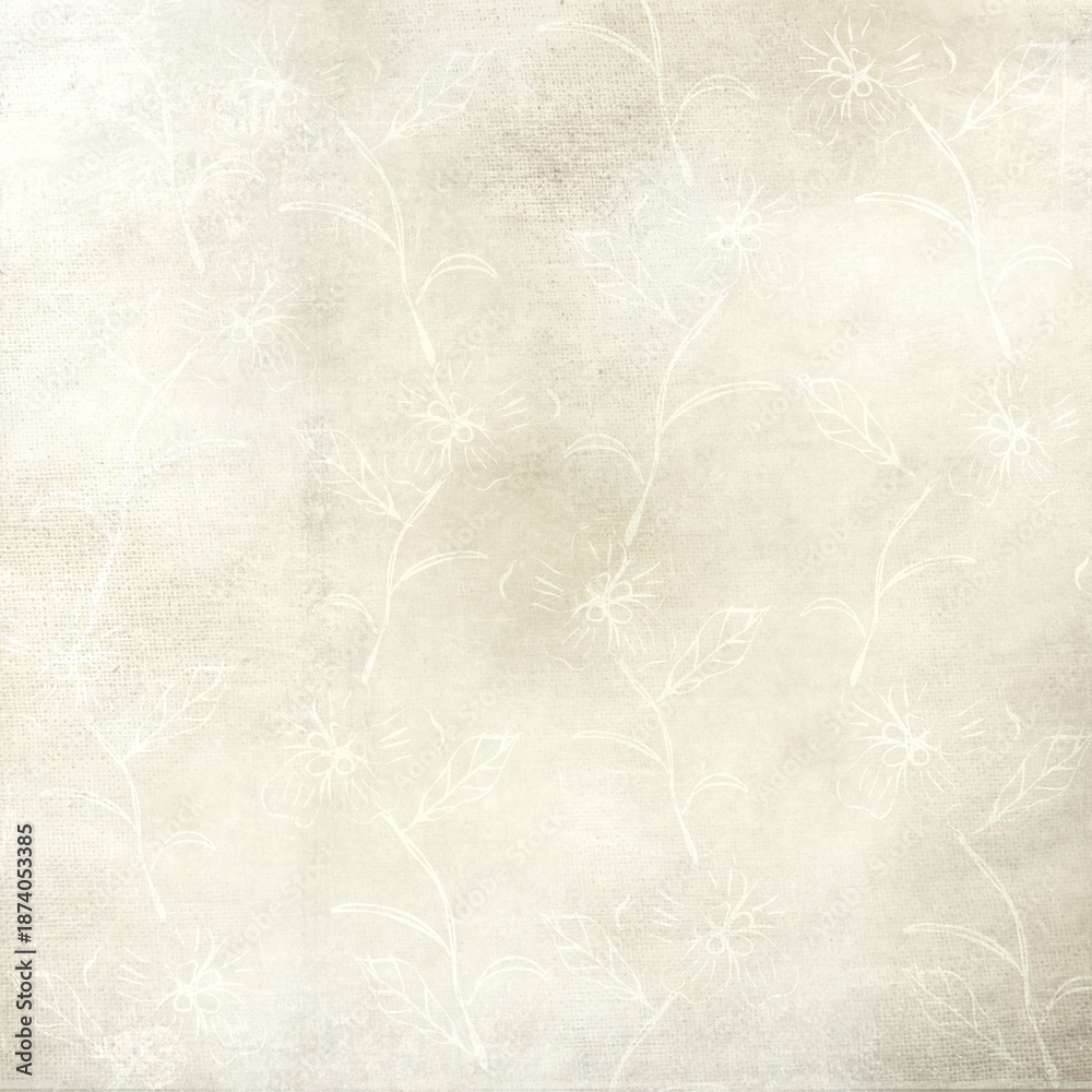 Fototapeta premium Vintage floral textured background with soft white flowers on linen-style fabric texture. Elegant neutral design perfect for backgrounds, wallpaper, and stationery.