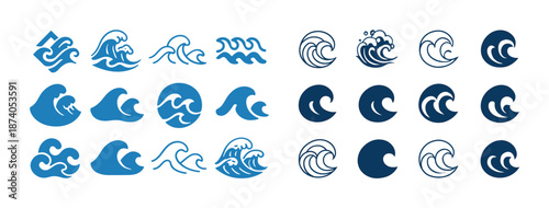Collection of blue wave symbols in various artistic designs