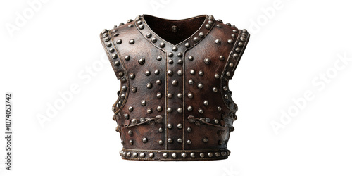 A weathered brown leather vest, adorned with numerous metallic rivets, isolated on black