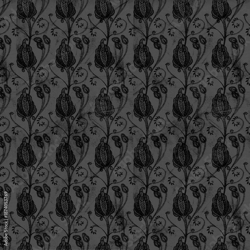 Seamless dark damask floral pattern with black ornaments on grunge background. Dramatic vintage design perfect for luxury wallpaper, textiles, and gothic decor.