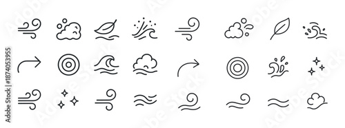 Minimalist weather icons with wind, clouds, leaves, water, and stars