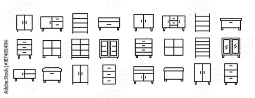 Minimalist black and white line art of various modern cabinets and shelving units