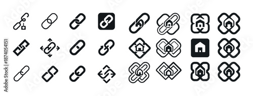 Set of chain and home link icons in black and white vector