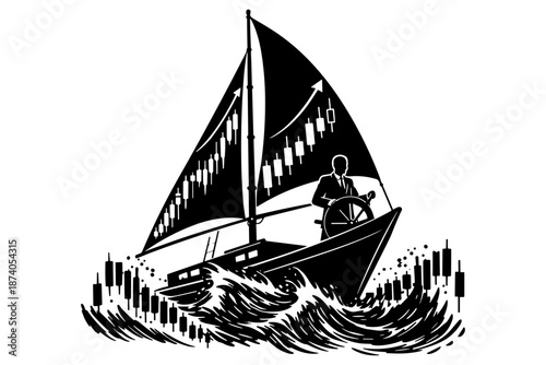 Financial Markets Navigator Steering Through Volatile Seas with Stock Market Candlestick Charts and a Sailboat on a Wavy Ocean