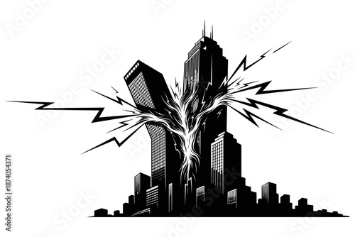 Abstract illustration of a dark, monolithic cityscape with jagged lightning bolts striking and fracturing the tallest skyscraper, symbolizing urban destruction or dramatic change