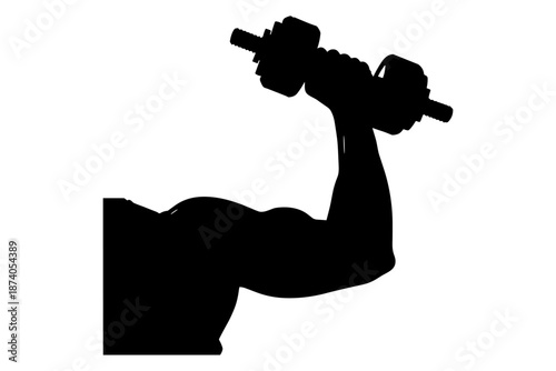 Dynamic silhouette of a powerful arm engaged in a bicep curl, holding a heavy dumbbell, symbolizing strength training, fitness dedication, and muscular development for a healthy and active lifestyle