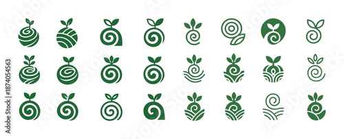Collection of green spiral leaf icons for eco and nature-themed design