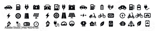 Electric vehicle and renewable energy icons with charging and sustainability symbols