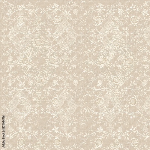 Seamless lace-style floral ornament pattern in warm beige tones. Elegant neutral vintage design ideal for classic wallpaper and textile use.