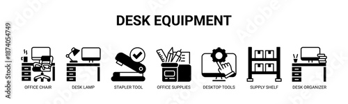 Desk Equipment web banner icon vector illustration concept with icons of office chair, desk lamp, stapler tool, office supplies, desktop tools, supply shelf, desk organizer.