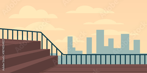 Staircase silhouette rising to landing illustration. Simple stair geometry. Open pastel sky background. Distant building outline. Minimal everyday space.