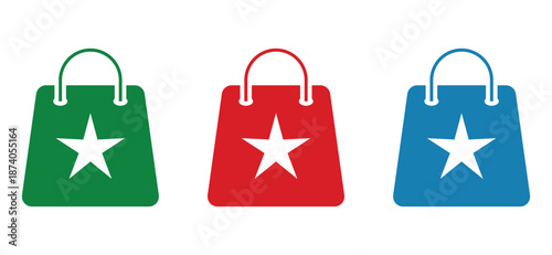 Three colorful shopping bag icons with white star symbols, green and red and blue retail graphics