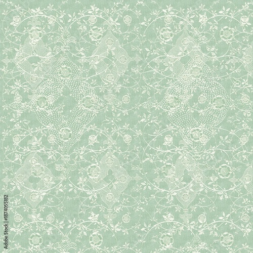 Elegant mint green floral ornament pattern with vintage lace texture, delicate vines and flowers. Seamless background ideal for wallpaper, fabric, stationery, and soft décor designs.