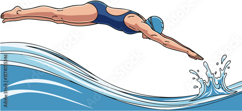 "Vector illustration of a swimmer diving into water with swim cap on a white background"