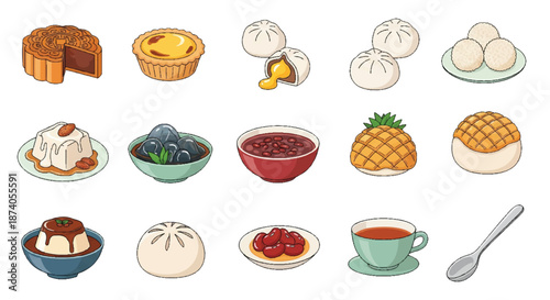 Chinese Dessert and Dim Sum Vector Icon Set, Traditional Asian Sweets and Buns Collection