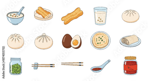 Chinese Breakfast Vector Icon Set Porridge Dim Sum Youtiao Baozi Food Illustration