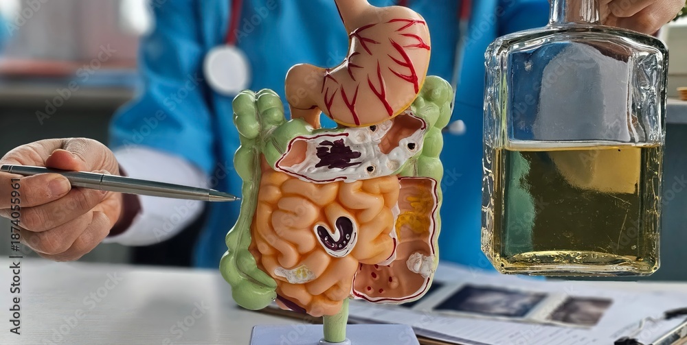 Obraz premium Doctor holds a model of the digestive system and a bottle of alcohol