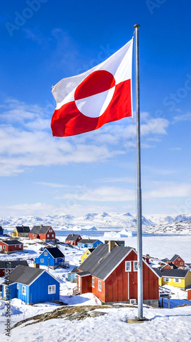 Greenland flag waving around arctic wooden village in greenland island