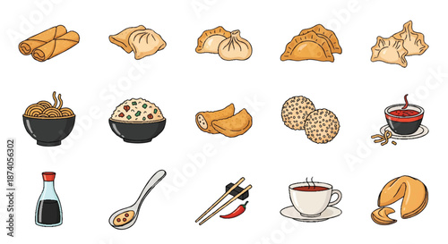 Chinese Food Vector Icon Set: Dumplings, Spring Rolls, Fried Rice & Asian Cuisine Graphic Design