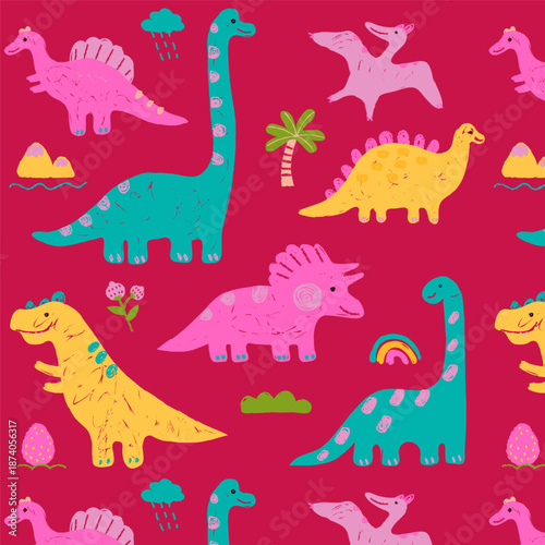 Baby dinosaur cartoon textile illustration vector design for cute kids print. Seamless pattern perfect for clothing or wallpaper. Colorful prehistoric art for children background.