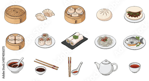 Chinese Dim Sum Vector Icon Set - Asian Food Graphic Design Collection