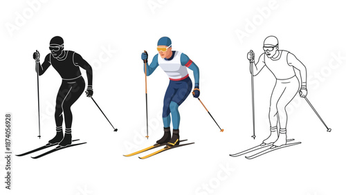 Set of three cross-country skiers shown in silhouette, color, and outline illustration styles