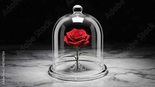 An enchanted red rose preserved forever under a glass cloche on a marble surface. A timeless symbol of everlasting love, beauty, and passion for a romantic fairytale theme