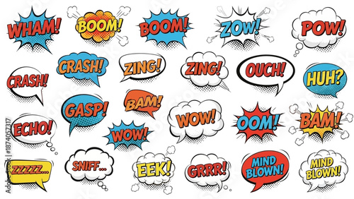 Colorful Comic Book Speech Bubbles with Dynamic Exclamations and Sound Effects.