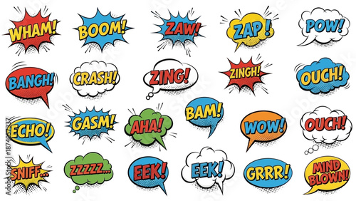 Colorful Comic Book Speech Bubbles with Dynamic Text and Exclamations.