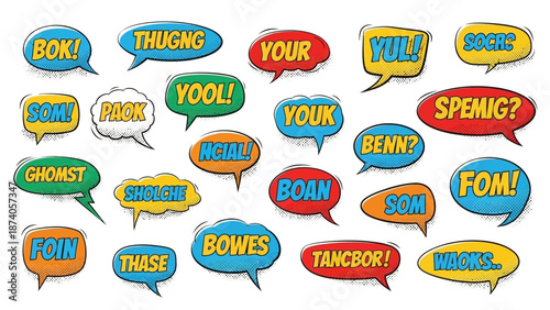 Colorful Comic Book Speech Bubbles with Various Text and Bold Outlines.