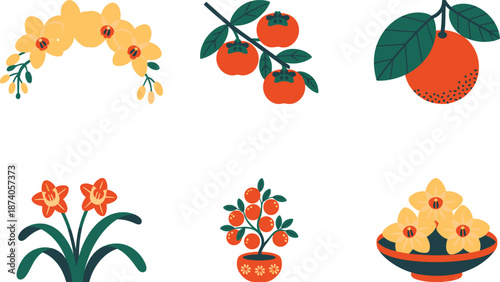 Collection of flat vector botanical elements with persimmons, tangerines and orchids for lunar new year