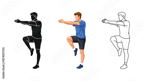 Man performing a high knee exercise illustrated in silhouette, color, and outline styles