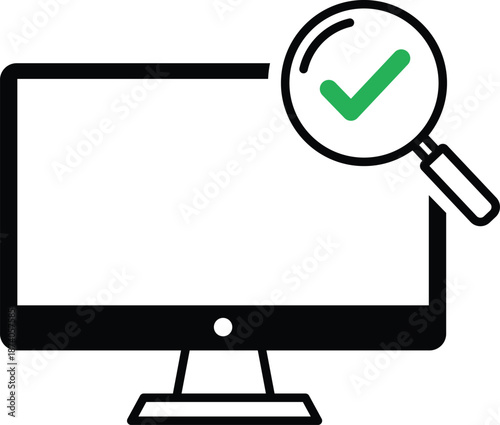 Computer screen with magnifying glass and green checkmark monitor search