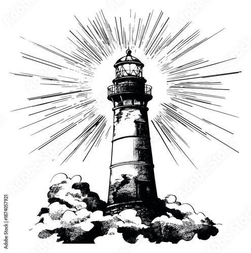 Hand drawn line art illustration of a lighthouse depicting emitting light rays for sea navigation