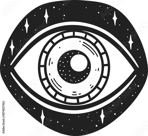 Mystical eye symbol with cosmic stars and celestial design, representing vision, insight, and spirituality
