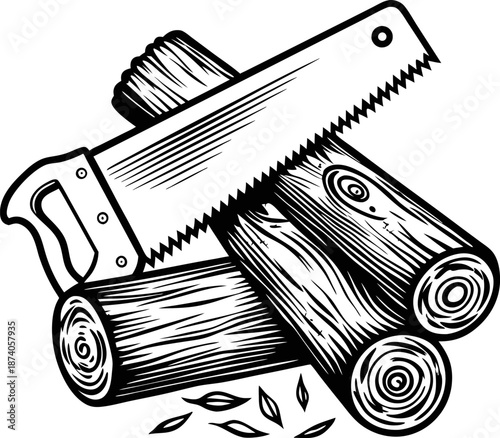 Handsaw and wooden logs for cutting firewood and timber processing task, carpentry and woodworking tools illustration