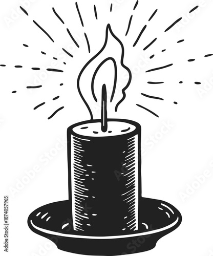 Burning candle with bright flame on round holder hand drawn sketch of light source illuminating surroundings, vintage illustration