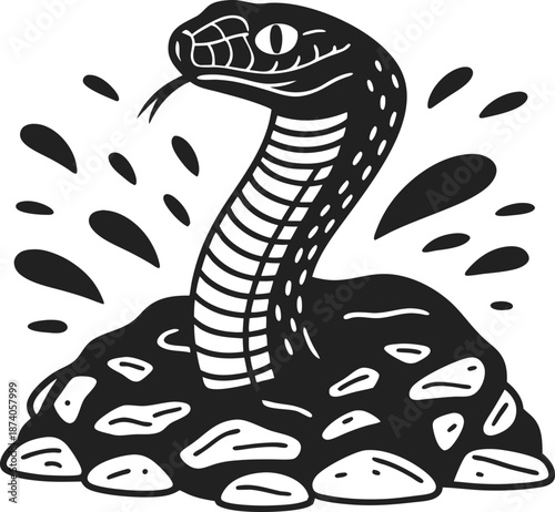 Black and white illustration of a snake emerging from rocks with splashing water droplets
