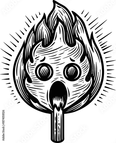 burning matchstick with expressive face, flames, and fiery aura in black and white sketch
