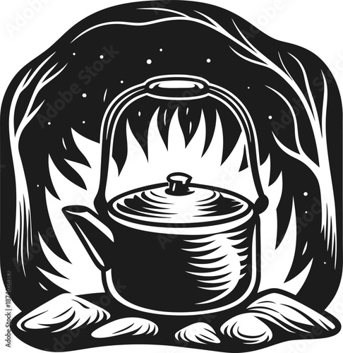 Camping kettle heating over fire in wilderness outdoor cooking, nature, campfire adventure and survival gear concept