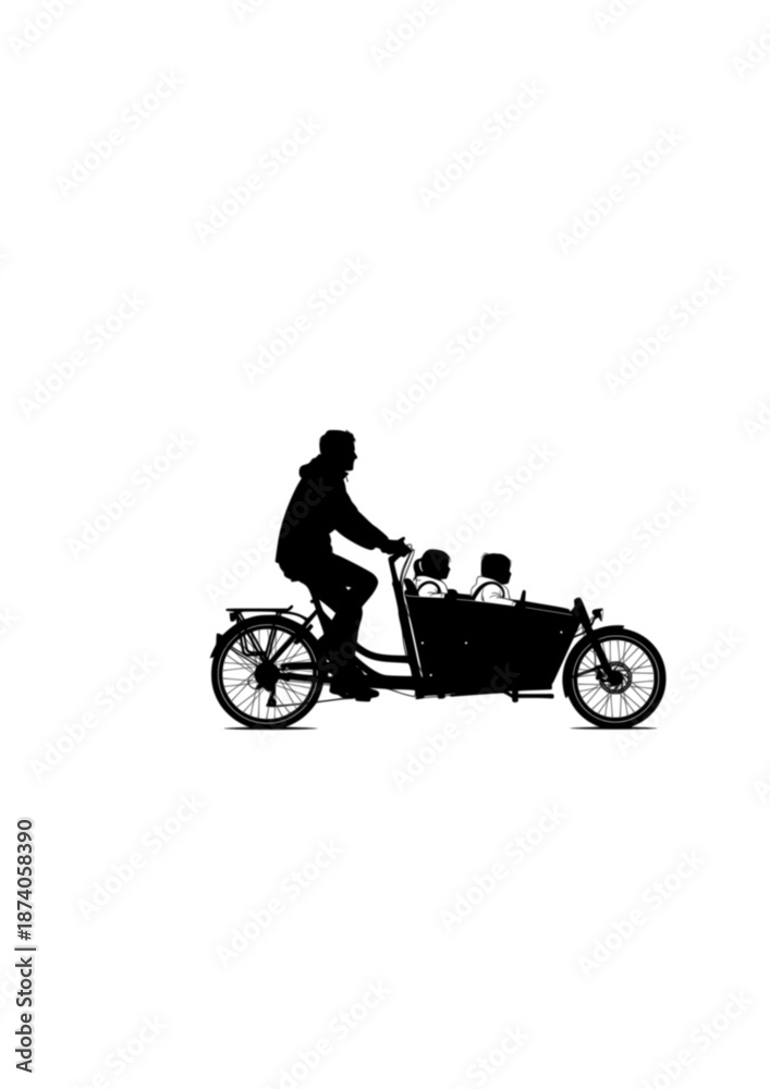 Fototapeta premium Electric Cargo Bike Silhouette, Parent Riding with Children, Sustainable Urban Mobility and Eco Friendly Transport, Family Lifestyle Vector Art