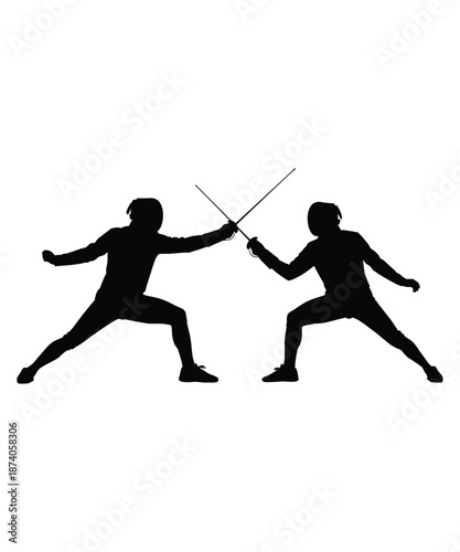 Two fencers in a duel stance with swords crossed