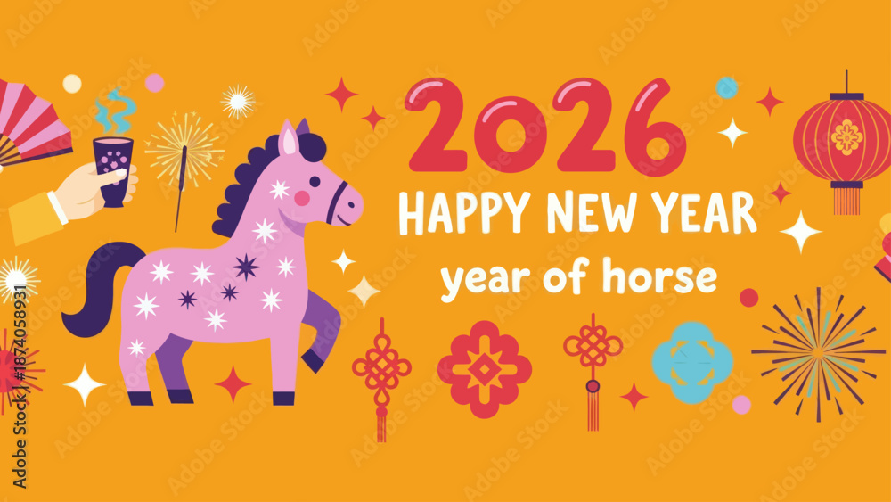 Naklejka premium Happy New Year 2026 Year of the Horse Celebration with Horse and Lanterns